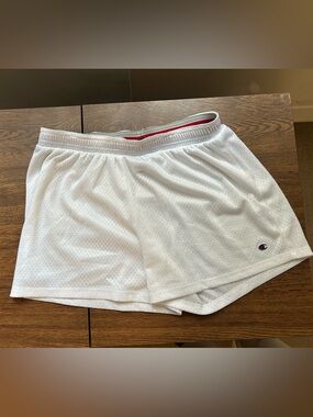 Champion White Athletic Women's Shorts with Subtle Red Waistband Accent